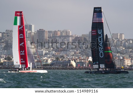 SAN FRANCISCO, CA - OCTOBER 4: Oracle Team USA and Italy\'s Team Luna Rossa Piranha compete in the America\'??s Cup World Series sailing races in San Francisco, CA on October 4, 2012