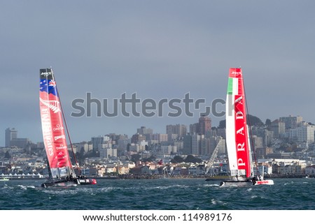 SAN FRANCISCO, CA - OCTOBER 4: Emirates Team New Zealand and Italy\'s Team Luna Rossa Piranha compete in the America\'?s Cup World Series sailing races in San Francisco, CA on October 4, 2012