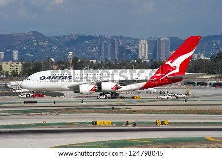 LOS ANGELES, CA - OCTOBER 23: A Qantas Airways A380 taxis at Los Angeles International Airport (LAX) in Los Angeles, CA on October 23, 2012. The A380 is the worlds largest passenger jet.