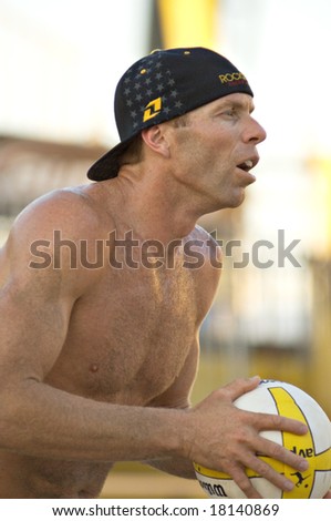 GLENDALE, AZ - SEPTEMBER 26: AVP pro Casey Jennings, husband of Olympic gold medalist Kerri Walsh, competes at the AVP Best of the Beach volleyball tournament in Glendale, Arizona.