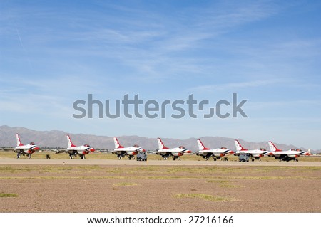 GLENDALE, AZ - MARCH 21: The U.S. Air Force Thunderbirds parked on the runway at the biennial air show (\