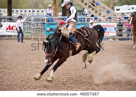 APACHE JUNCTION, AZ - FEBRUARY 26: A cowboy rides a bucking horse in the saddle bronc competition at the Lost Dutchman Days Rodeo on February 26, 2010 in Apache Junction, Arizona.