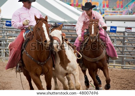 APACHE JUNCTION, AZ - FEBRUARY 26: Rodeo pick-up men corral a bucking horse in the saddle bronc competition at the Lost Dutchman Days Rodeo on February 26, 2010 in Apache Junction, Arizona.