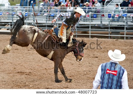 APACHE JUNCTION, AZ - FEBRUARY 27: A cowboy rides a bucking horse in the saddle bronc competition at the Lost Dutchman Days Rodeo on February 27, 2010 in Apache Junction, Arizona.