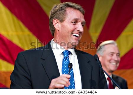 PHOENIX, AZ - NOVEMBER 2: Congressman Jeff Flake celebrates victory in his 2010 election campaign on November 2, 2010 in Phoenix, Arizona.