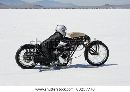 WENDOVER, UT - AUGUST 13: A 650cc Triumph motorcycle on the Bonneville Salt Flats during Bonneville Speed Week on August 13, 2011 in Wendover, UT.