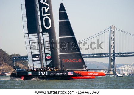 SAN FRANCISCO, CA - SEPTEMBER 12: Oracle Team USA competes in the America\'s Cup sailing races in San Francisco, CA on September 12, 2013