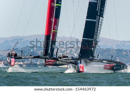 San Francisco, Ca - September 12: Emirates Team New Zealand And Oracle Team Usa Compete In The America\'S Cup Sailing Races In San Francisco, Ca On September 12, 2013