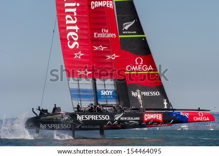 SAN FRANCISCO, CA - SEPTEMBER 12: Emirates Team New Zealand competes in the America\'s Cup sailing races in San Francisco, CA on September 12, 2013