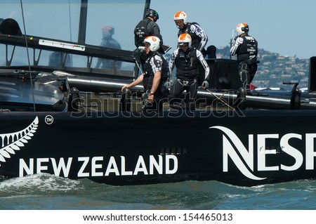 SAN FRANCISCO, CA - SEPTEMBER 12: Dean Barker and the crew of Emirates Team New Zealand compete in the America\'s Cup sailing races in San Francisco, CA on September 12, 2013