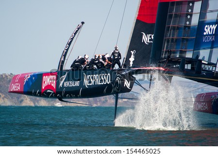 SAN FRANCISCO, CA - SEPTEMBER 12: Emirates Team New Zealand competes in the America\'s Cup sailing races in San Francisco, CA on September 12, 2013