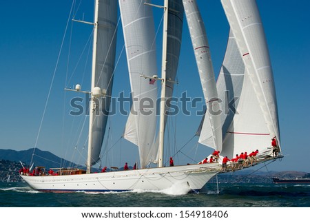 SAN FRANCISCO, CA - SEPTEMBER 13: Super yacht Adela competes in a regatta during the America\'s Cup in San Francisco, CA on September 13, 2013