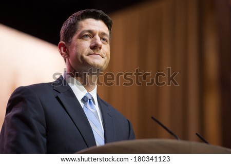 NATIONAL HARBOR, MD - MARCH 6, 2014: Congressman Paul Ryan (R-WI) speaks at the Conservative Political Action Conference (CPAC).