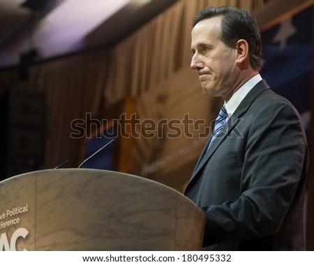 NATIONAL HARBOR, MD - MARCH 7, 2014: Former U.S. Senator Rick Santorum speaks at the Conservative Political Action Conference (CPAC).