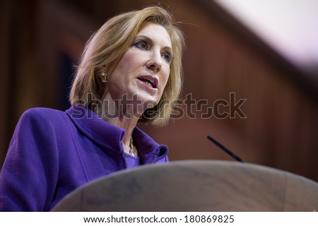 NATIONAL HARBOR, MD - MARCH 8, 2014: Carly Fiorina speaks at the Conservative Political Action Conference (CPAC).