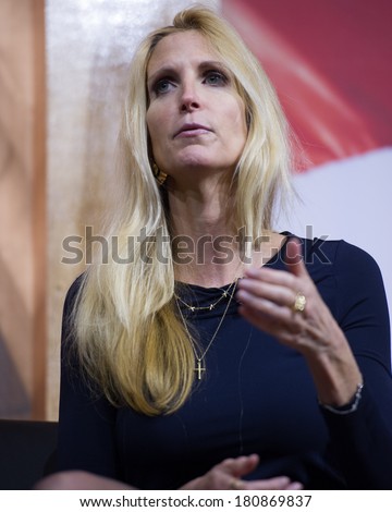 NATIONAL HARBOR, MD - MARCH 8, 2014: Conservative broadcast personality Ann Coulter speaks at the Conservative Political Action Conference (CPAC).