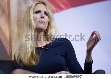 NATIONAL HARBOR, MD - MARCH 8, 2014: Conservative broadcast personality Ann Coulter speaks at the Conservative Political Action Conference (CPAC).