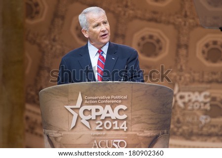 NATIONAL HARBOR, MD - MARCH 7, 2014: Political commentator Lieutenant Colonel Oliver North speaks at the Conservative Political Action Conference (CPAC).