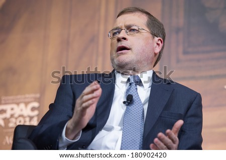 NATIONAL HARBOR, MD - MARCH 7, 2014: Grover Norquist, president of Americans for Tax Reform, speaks at the Conservative Political Action Conference (CPAC).