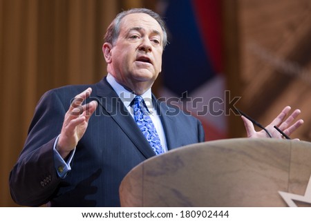 NATIONAL HARBOR, MD - MARCH 7, 2014: Political commentator and former Arkansas  Governor Mike Huckabee speaks at the Conservative Political Action Conference (CPAC).