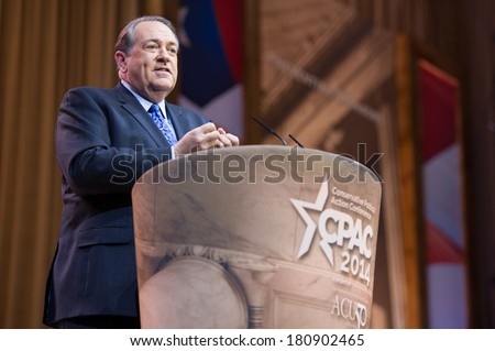 NATIONAL HARBOR, MD - MARCH 7, 2014: Political commentator and former Arkansas  Governor Mike Huckabee speaks at the Conservative Political Action Conference (CPAC).