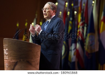NATIONAL HARBOR, MD - MARCH 6, 2014: Wayne LaPierre, CEO of the National Rifle Association, speaks at the Conservative Political Action Conference (CPAC).
