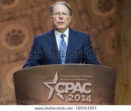 NATIONAL HARBOR, MD - MARCH 6, 2014: Wayne LaPierre, CEO of the National Rifle Association, speaks at the Conservative Political Action Conference (CPAC).