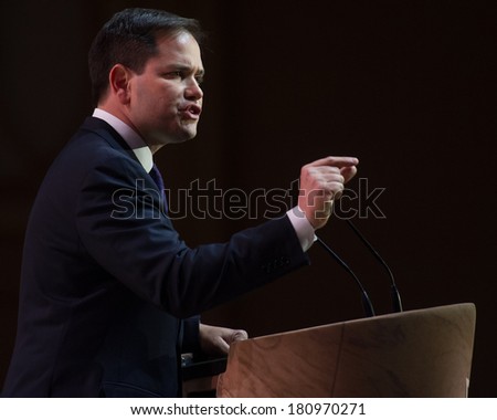 NATIONAL HARBOR, MD - MARCH 6, 2014: Senator Marco Rubio (R-FL) speaks at the Conservative Political Action Conference (CPAC).