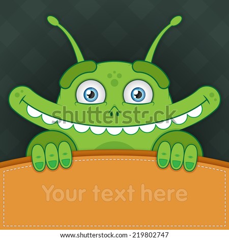 Vector illustration. Happy green cartoon alien with large mouth. For greeting cards. Closeup.