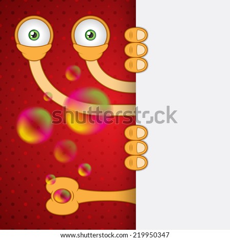 Vector illustration. Unusual funny orange cartoon alien eyes with red dots background and bubble blower. Closeup.