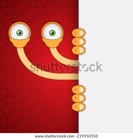 Vector illustration. Unusual funny orange cartoon alien eyes with red dots background. Closeup.