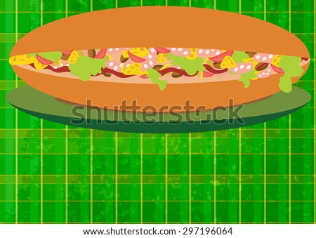 Big cartoon style sandwich with pieces of cheese, sausage, tomato, salad leaves, nuts and mushrooms and ketchup on green kitchen tablecloth with squares