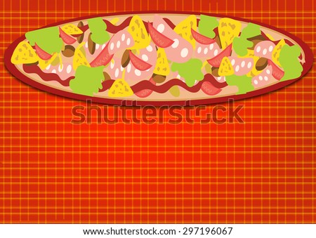 Big cartoon style sandwich with pieces of cheese, sausage, tomato, salad leaves, nuts and mushrooms and ketchup on red kitchen tablecloth with squares