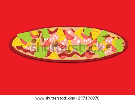 Big cartoon style sandwich with pieces of cheese, sausage, tomato, salad leaves, nuts and mushrooms and ketchup on red background