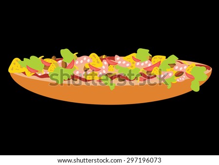 Big cartoon style sandwich with pieces of cheese, sausage, tomato, salad leaves, nuts and mushrooms and ketchup on black background