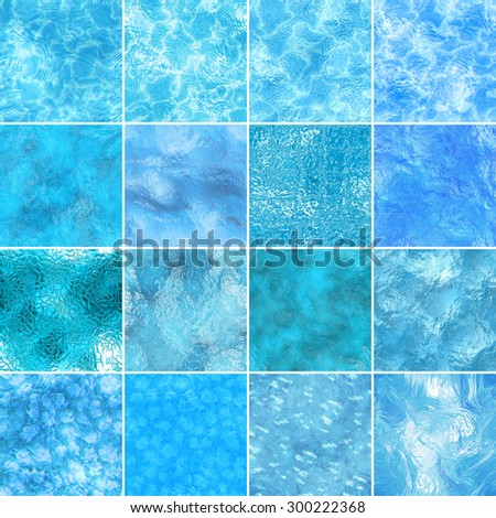 16 seamless tileable blue water textures bundle. Abstract realistic patterned aqua background. Material wallpaper. Digital graphic design.
