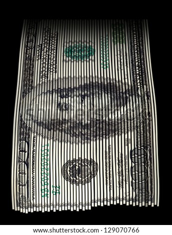 Shredded US hundred dollar bill on black background. Concept for money wasting, money value and savings.