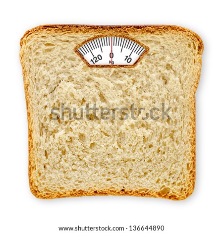 Imaginary Weighing Scales Made Of Bread Slice Isolated On White Background. Diet Concept To Promote Healthy Eating And Weight Management.