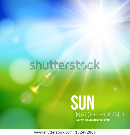 Bright Shining Sun With Lens Flare. Soft Background With Bokeh Effect. Vector Illustration.