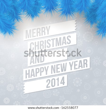 Merry Christmas and Happy New Year card. Stylized fir branches, cutout paper style.