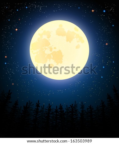 Full moon shines on a pine forest. Retro illustration.