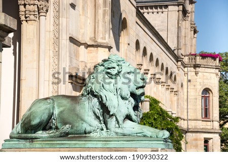 Lion statue at the entrance of the University of Hannover, Germany. Leibniz University of Hannover founded in 1831, it is one of the largest and oldest science and technology universities in Germany.