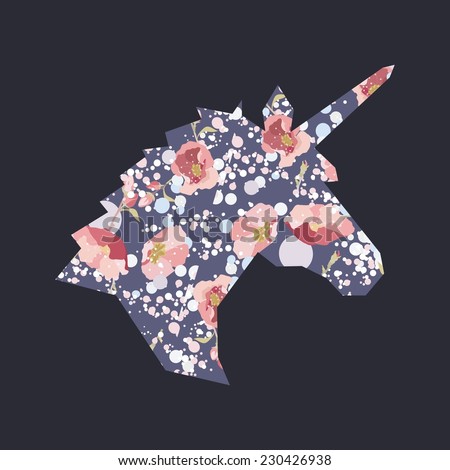 Vector color illustration with geometric unicorn head and flowers Vector color illustration with geometric unicorn head and flowers