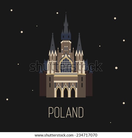 Vector color Catholic gothic castle in flat style. Welcome to Poland.
