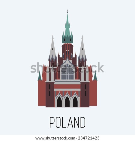 Vector color Catholic gothic castle in flat style. Welcome to Poland.