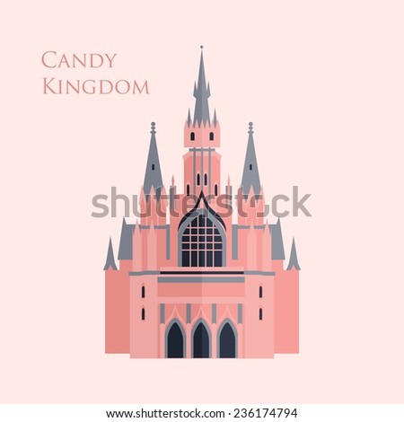 Vector color pink gothic castle in flat style. Candy kingdom.