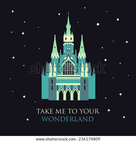 Vector color blue gothic castle in flat style. Take me to your Wonderland.