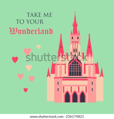 Vector color pink gothic castle in flat style with hearts. Take me to your Wonderland.