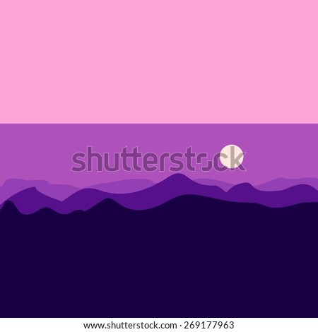 Vector flat illustration with purple landscape. Sunset in mountains