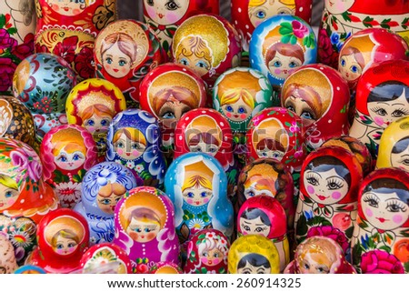 TRAKAI, LITHUANIA - JUNE 22: Colorful Russian wooden nesting dolls are displayed at a market in Trakai on June 22, 2013 in Trakai. These matryoshkas are a very popular souvenir among tourists.